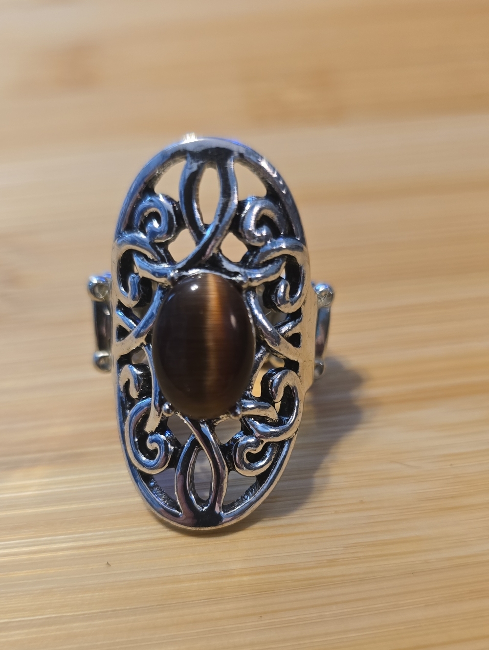 Antique Silver Tiger's Eye Cocktail Ring - Ornate Oval Cabochon Filigree Boho